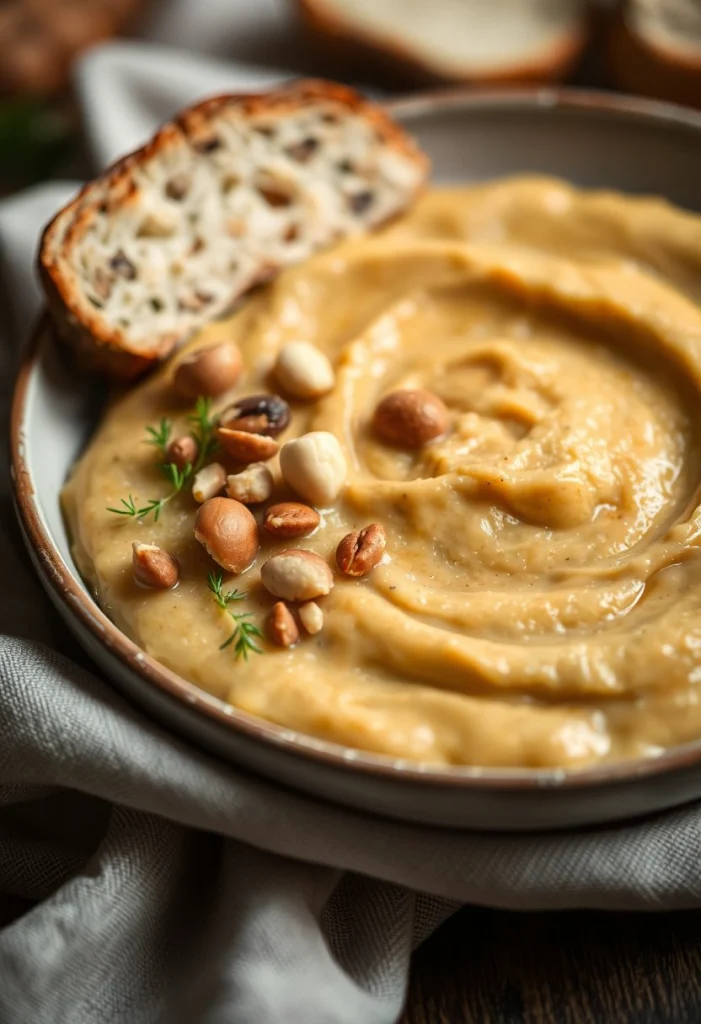 Assiette rustique de purée de panais et céleri-rave avec noisettes grillées, ambiance automnale chaleureuse.
