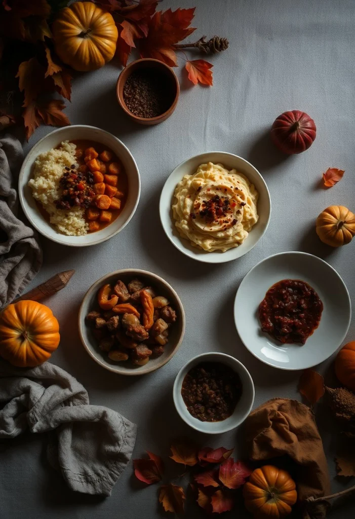Soupe fumante, pain frais sur nappe, feuilles d’automne à la fenêtre, lumière de bougie à l’intérieur.