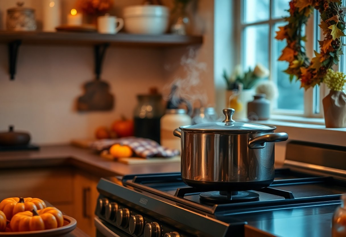 Cuisine cocooning de novembre avec marmite fumante sur la cuisinière et décoration automnale chaleureuse.