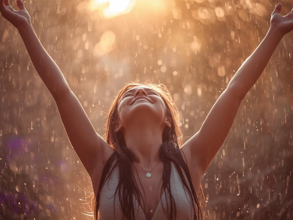 Illustration lumineuse d’une femme qui danse sous la pluie, expression de bonheur et de gratitude