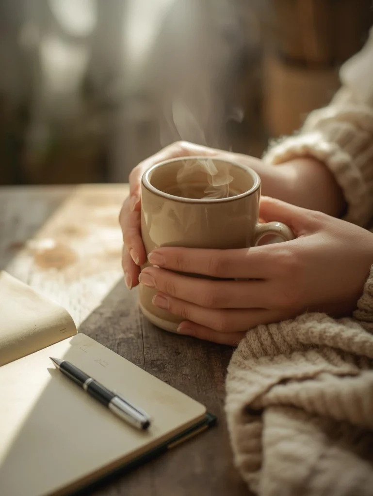 Mains tenant une tasse de café avec un carnet ouvert, moment matinal chaleureux
