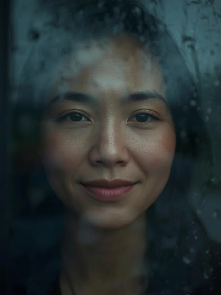 Personne souriante regardant la pluie à travers une fenêtre, ambiance calme et introspective