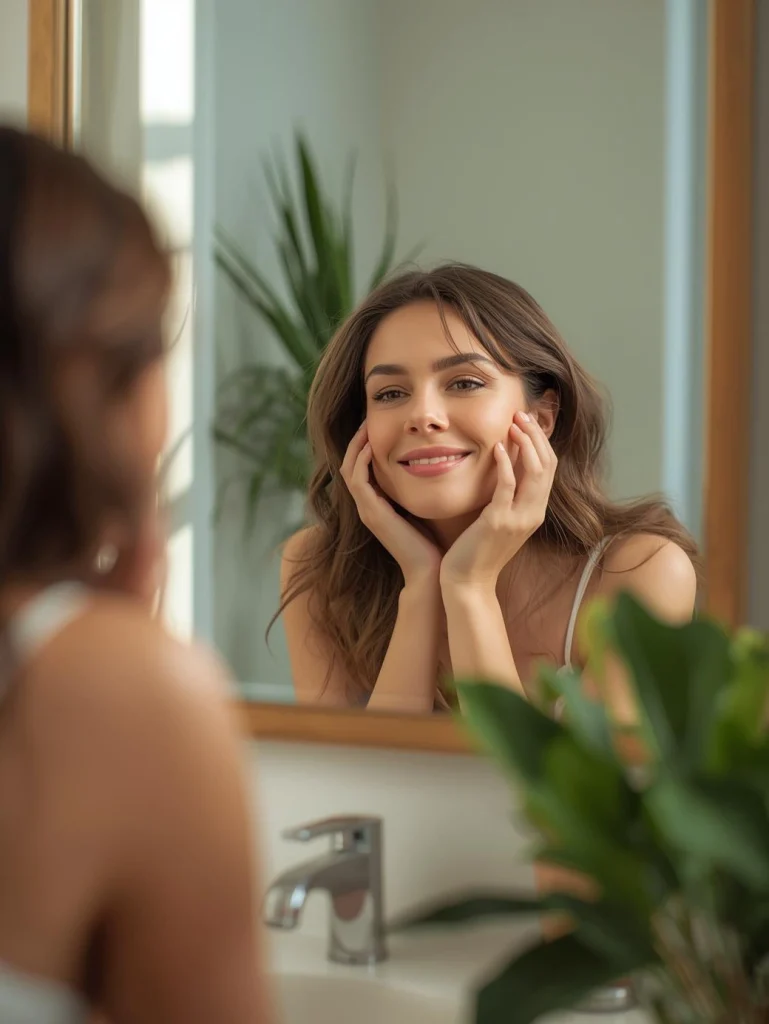 Femme se regardant dans un miroir avec un sourire bienveillant