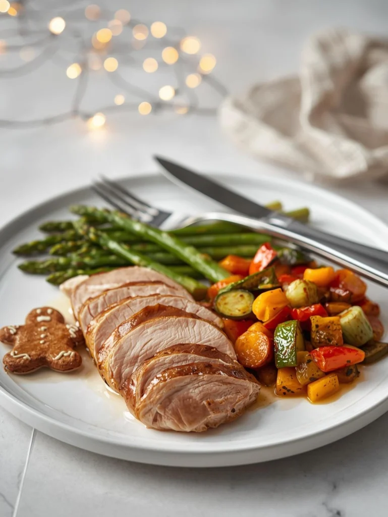 Assiette de réveillon avec petites portions de plats festifs et de légumes colorés