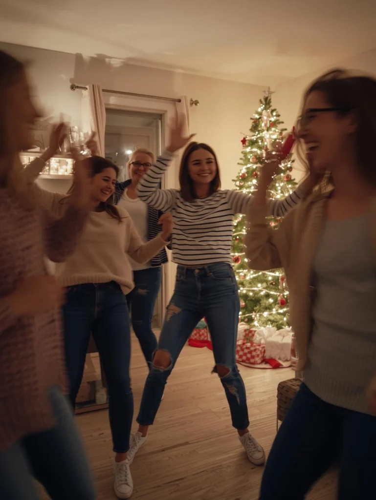 Famille qui danse en hiver après un repas de fête