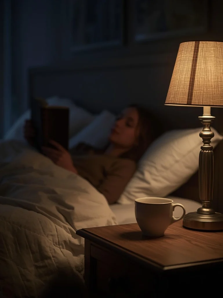 Femme détendue au lit dans une chambre sombre avec lumière douce