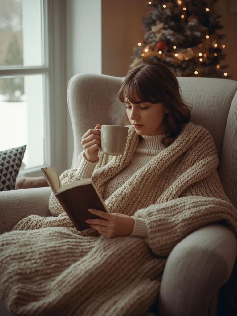 Femme en pause cocooning avec livre et tisane pendant les fêtes