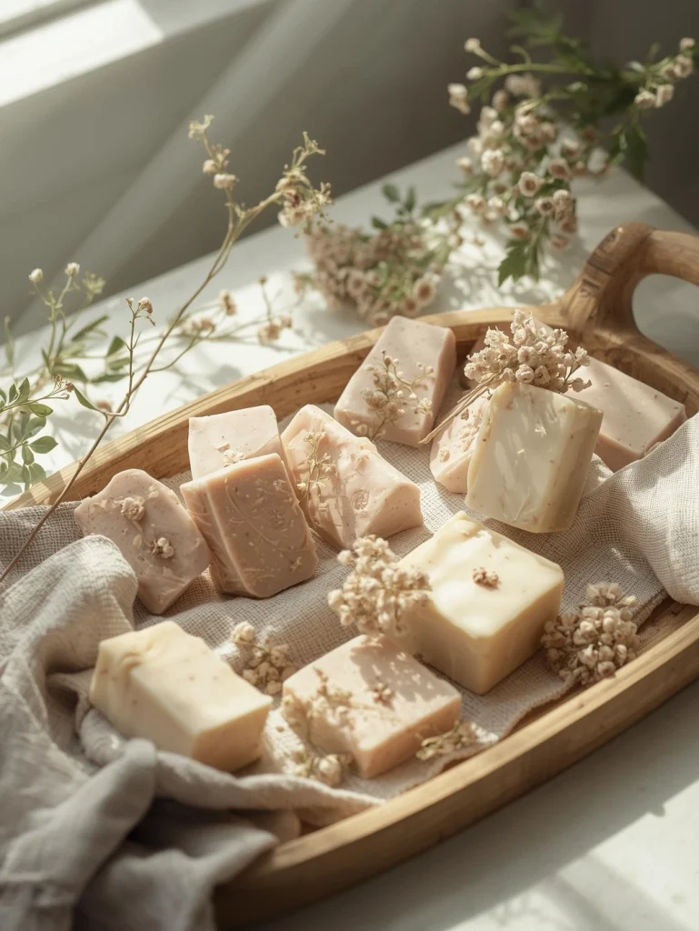 Coffret de cosmétiques naturels solides et bougie végétale disposés sur un plateau en bois dans une ambiance salle de bain écoresponsable.