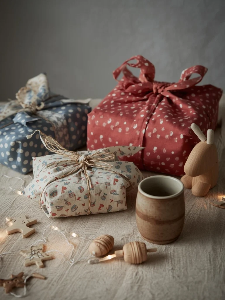 Cadeaux de Noël emballés dans des tissus furoshiki, entourés d’objets en bois, de laine et de lin sur une table joliment décorée.