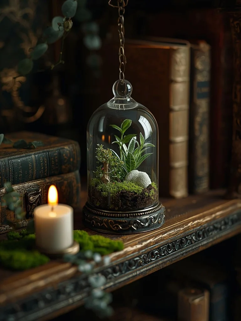 Plantes d’intérieur verdoyantes et terrarium en verre dans un salon lumineux au style naturel.