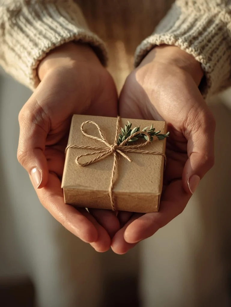 Mains tendues offrant un petit cadeau écoresponsable emballé avec du papier kraft et une branche de verdure, symbole de cadeau pensé avec le cœur.