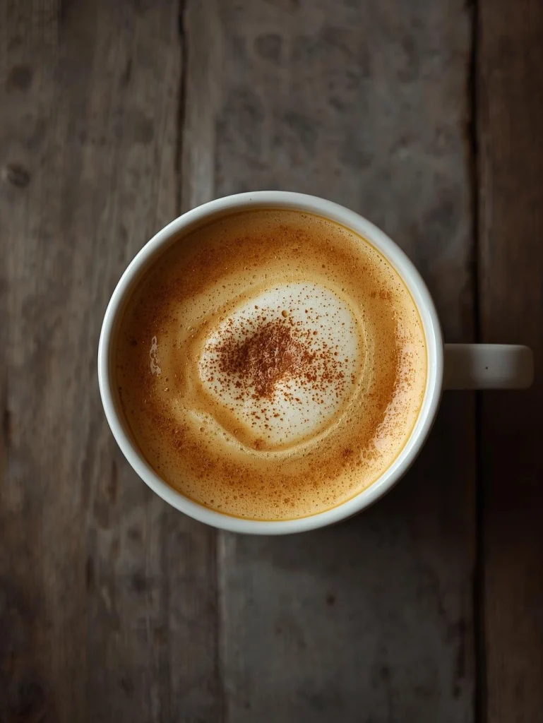 Tasse de lait d’or au curcuma vue de dessus, couleur jaune doré, avec un peu de cannelle sur le dessus.