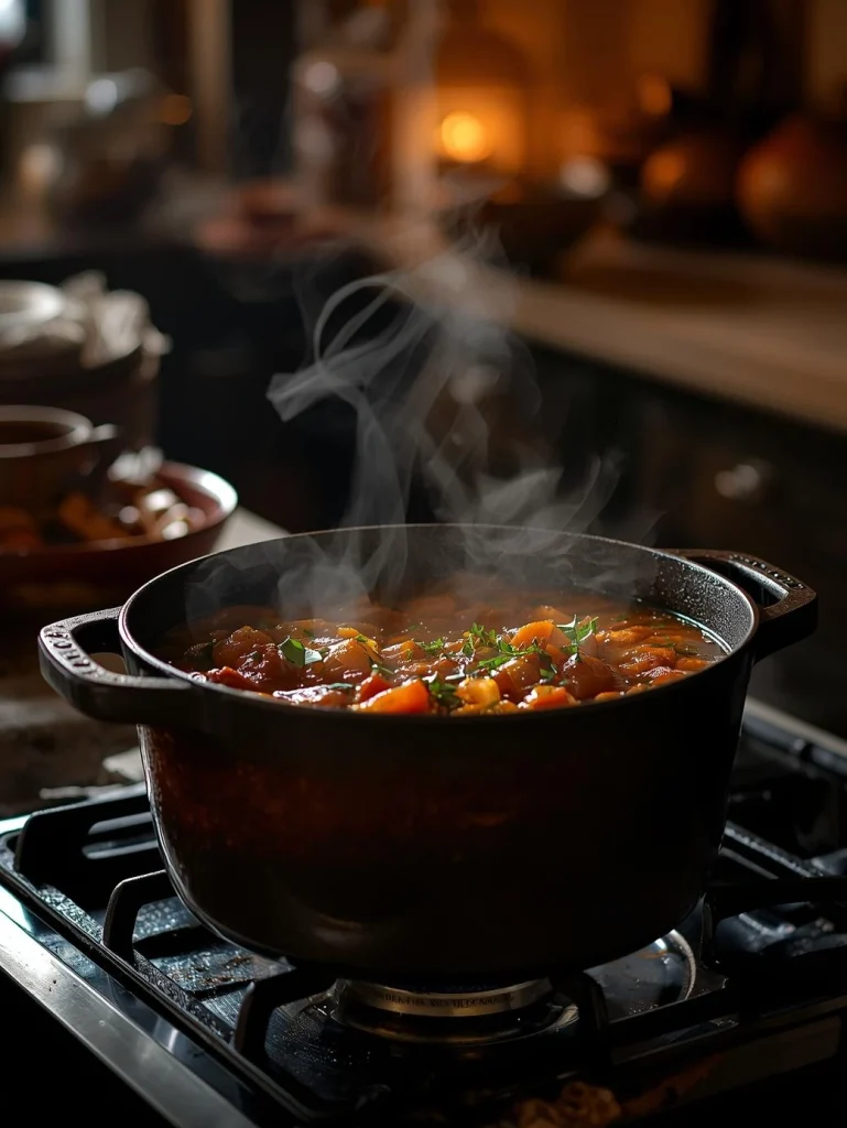 Marmite de plat mijoté aux légumes d’hiver, dégageant de la vapeur dans une cuisine chaleureuse.