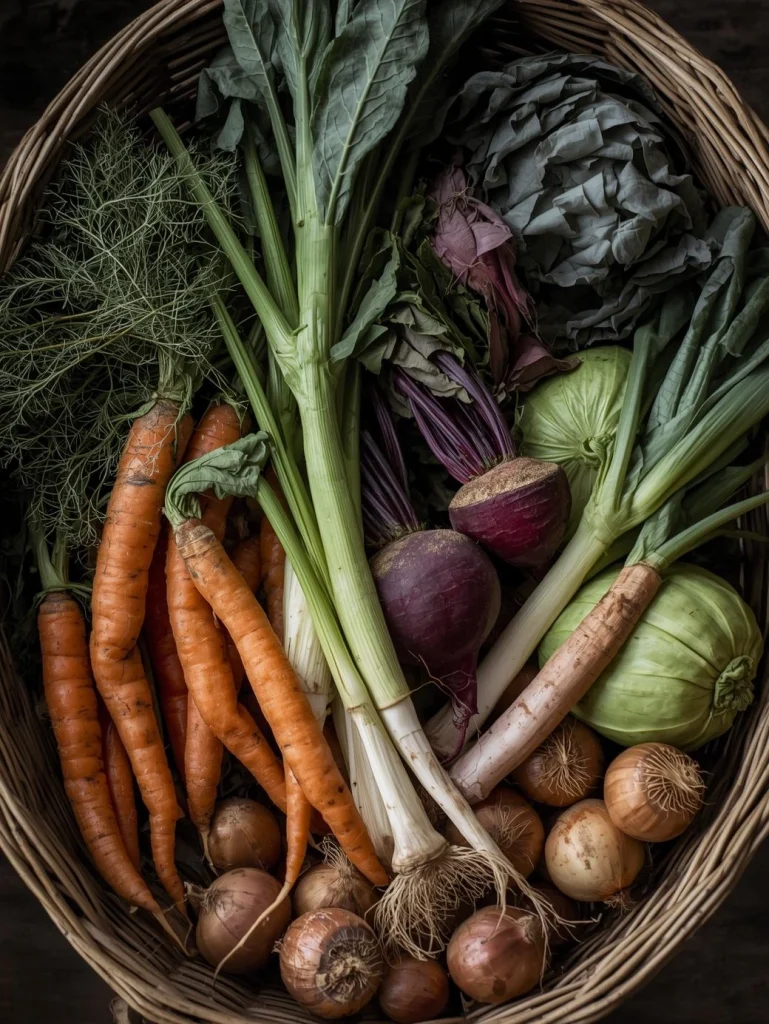 Panier rustique rempli de légumes d’hiver : carottes, panais, betteraves, choux, poireaux et oignons.