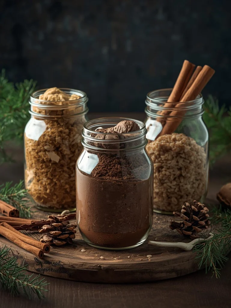 Bocaux en verre remplis de préparations maison pour cookies, chocolat chaud et risotto, présentés comme cadeaux de Noël gourmands.