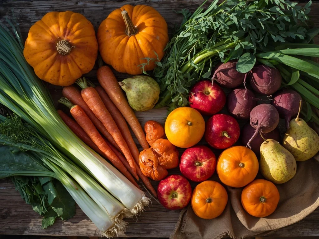 Mélange de fruits et légumes de décembre disposés sur une table en bois, dans une ambiance chaleureuse d’hiver.