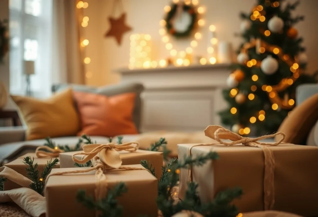 Salon chaleureux décoré pour Noël avec des cadeaux écoresponsables emballés en tissu et des éléments naturels sous une lumière douce.