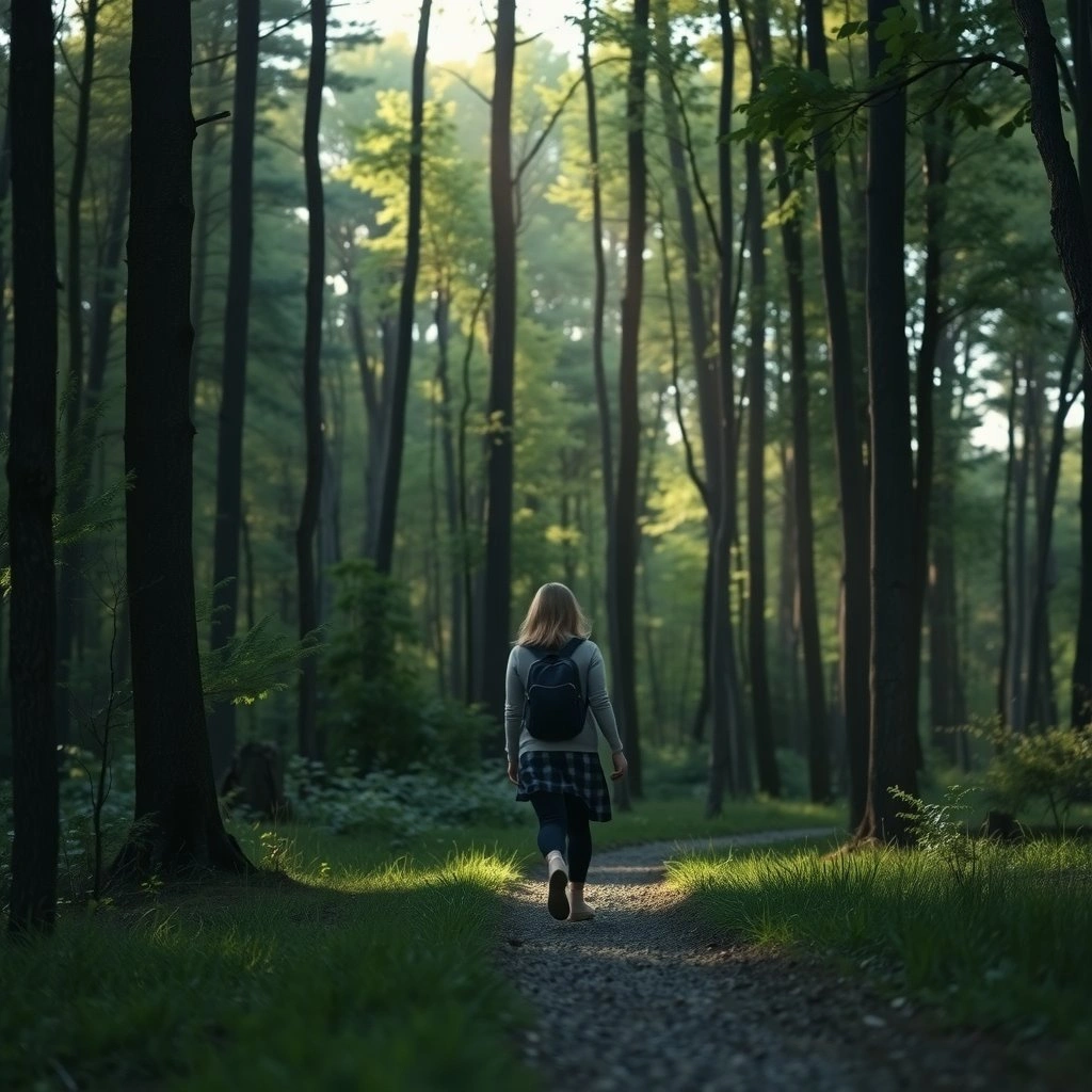 Femme pratiquant un bain de forêt dans un sous-bois lumineux, entourée de grands arbres verts.