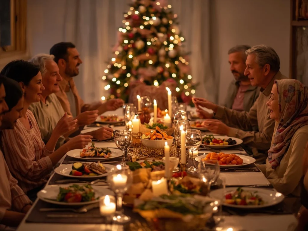 Famille réunie autour d’une table de fête conviviale avec un repas équilibré