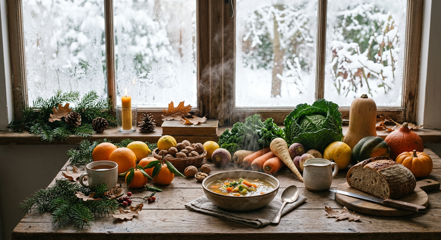 Photo scène hivernale apaisante avec une table en bois rustique, un bol de soupe fumante, entouré d’agrumes, légumes racines, choux et courges. En arrière-plan, une lumière douce filtre à travers une fenêtre givrée, avec des branches de sapin et feuilles séchées pour une ambiance naturelle et recentrante.