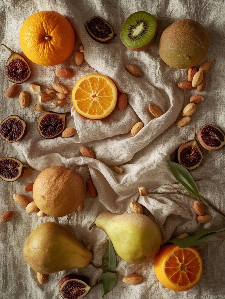 Composition de fruits d'hiver : oranges, clémentines, kiwis, figues sèches, amandes et poires sur tissu en lin