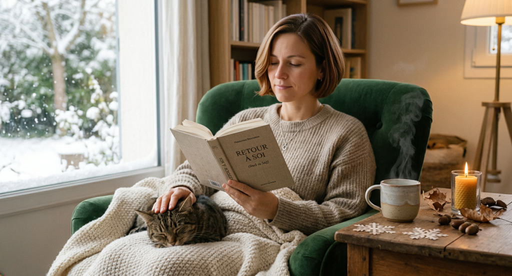 Photo d'un personnage aux traits sereins, entouré de symboles discrets de l'hiver (flocons, feuilles séchées, un livre ouvert), capturant l'idée d'un 'retour à soi'.