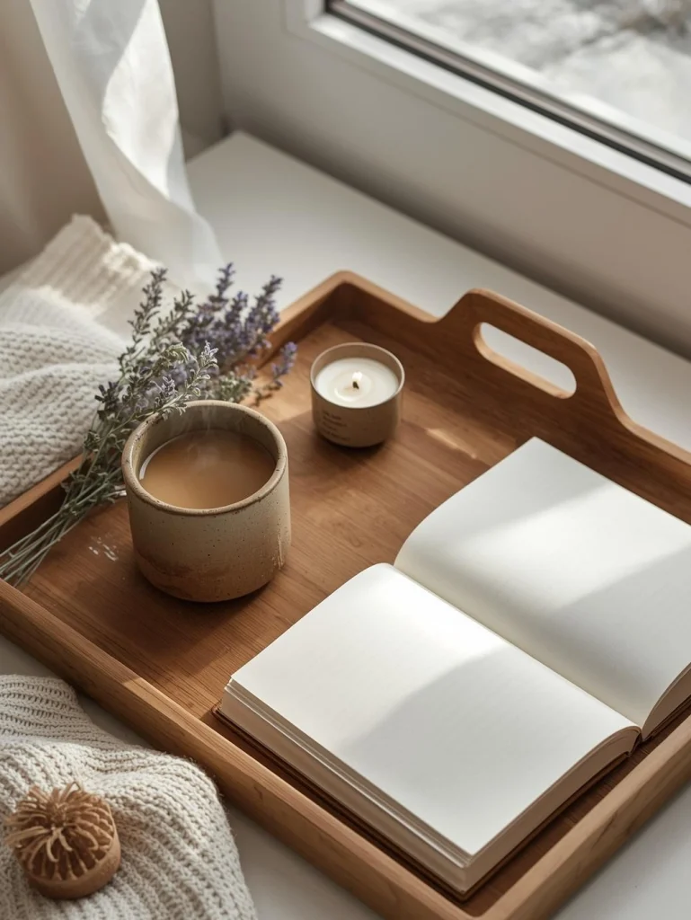 Scène intimiste d'hiver, mains tenant une tasse chaude près d'une fenêtre givrée, ambiance douce et introspective