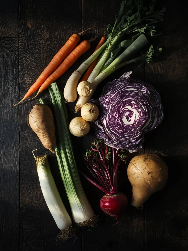 Assortiment de légumes d'hiver disposés sur une surface en bois sombre : carottes, panais, chou rouge, poireaux, betterave et céleri-rave