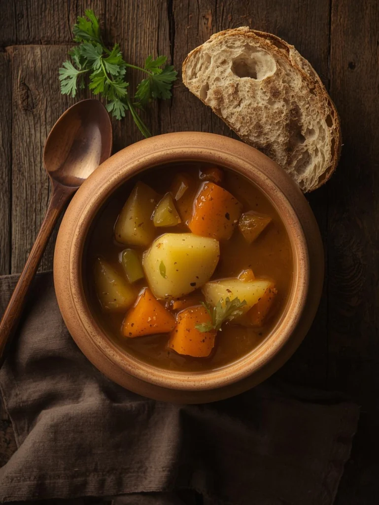 Bol de soupe de légumes fumante posé sur une table en bois, avec une cuillère en bois et des herbes fraîches, ambiance chaleureuse