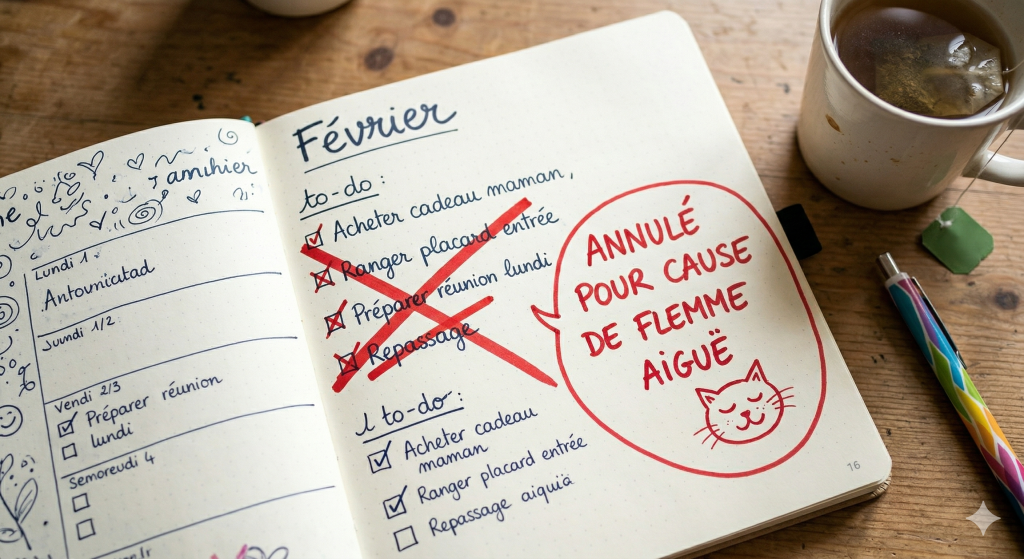 To do list barrée avec la mention "annulée pour cause de flemme aigue"