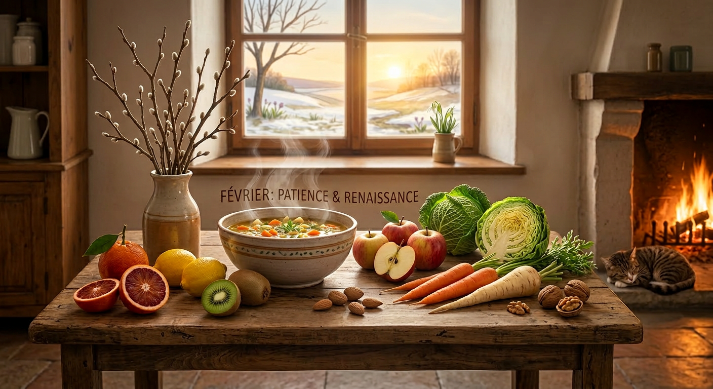 Table dans une cuisine avec une lumière douce contenant des fruits et des légumes de février