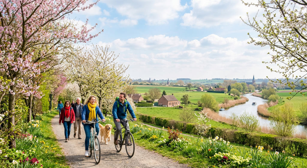 "Une scène printanière dynamique et joyeuse mettant en avant l'énergie du mois de mars : des personnes marchant ou faisant du vélo sur un chemin bordé d'arbres en bourgeons, sous un ciel lumineux. À l'arrière-plan, un paysage des Weppes (champs, berges de la Lys) pour évoquer la région. Des touches de couleurs vives (écharpes, fleurs précoces) pour symboliser le renouveau. Style naturel et inspirant, avec une lumière douce de printemps."