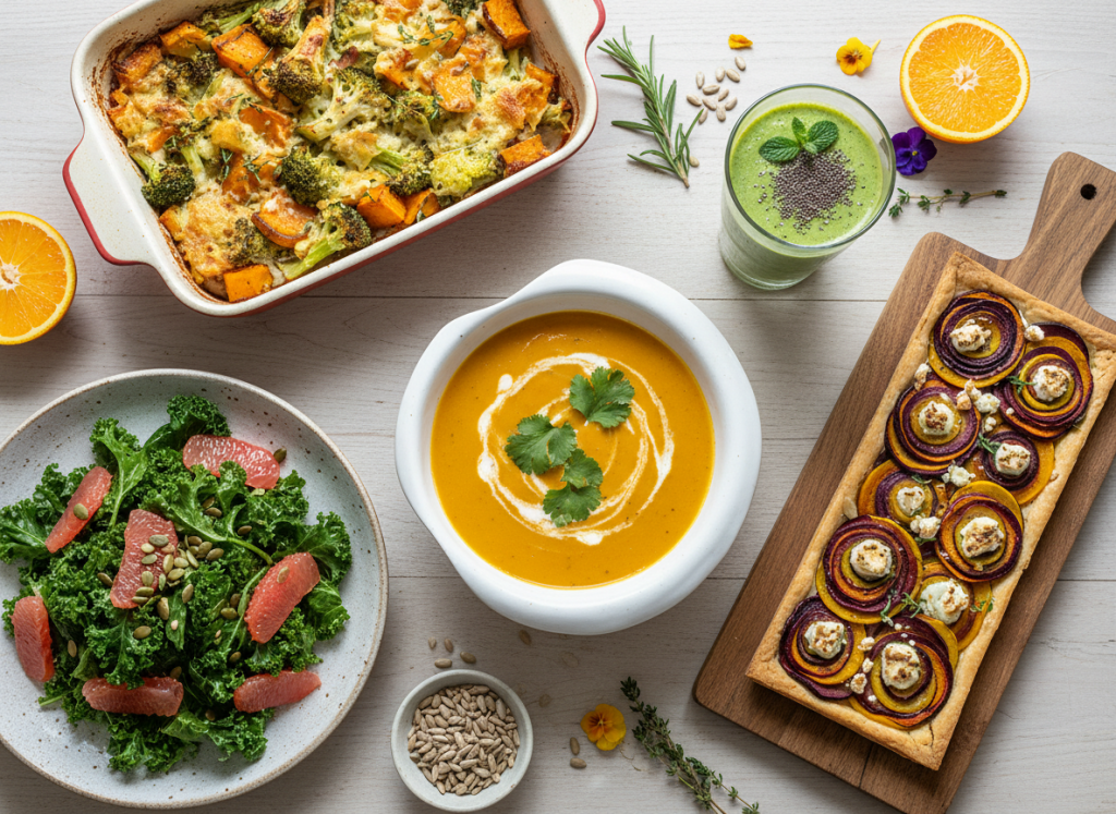 Un ensemble de plat avec un velouté, des légumes racines rôtis