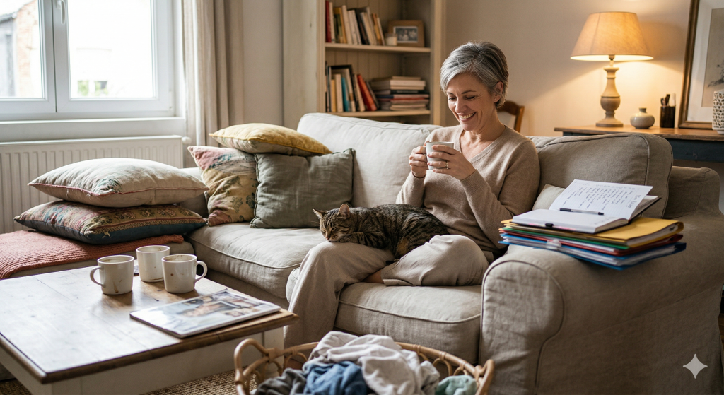 Femme assise avec un dossier à côté d'elle, souriante, avec un chat sur les genoux