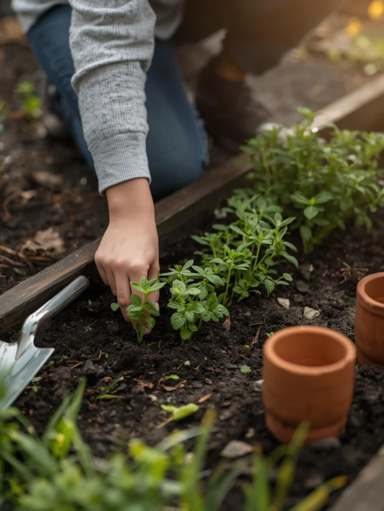 Mains dans la terre en train de planter des graines dans un jardinière, outils de jardinage et plants autour, lumière de printemps