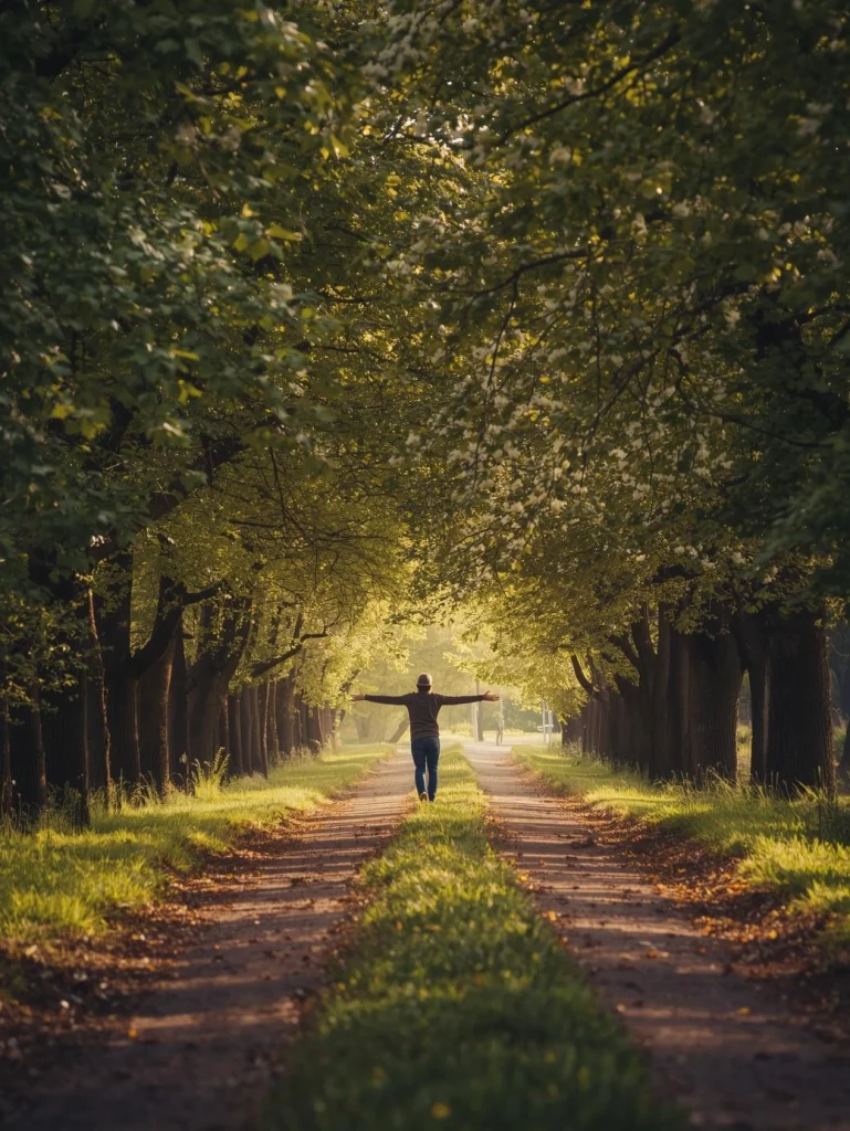 Personne souriante enfilant une veste près d'une porte ouverte sur un jardin ensoleillé de printemps, prête à sortir