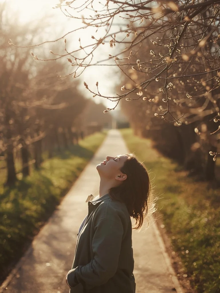 Personne levant le visage vers le soleil au milieu d'un chemin de campagne, bourgeons visibles sur les arbres environnants