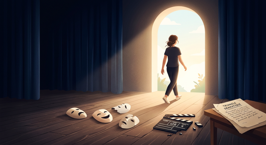 Illustration d’une personne quittant une scène de théâtre vers la lumière, laissant trois masques au sol. Atmosphère apaisante, lumière douce, sentiment de liberté et de transformation personnelle, style moderne minimaliste, couleurs lumineuses. Sur la scène, il y a un clap de cinéma cassé et un manuscrit "triangle dramatique"