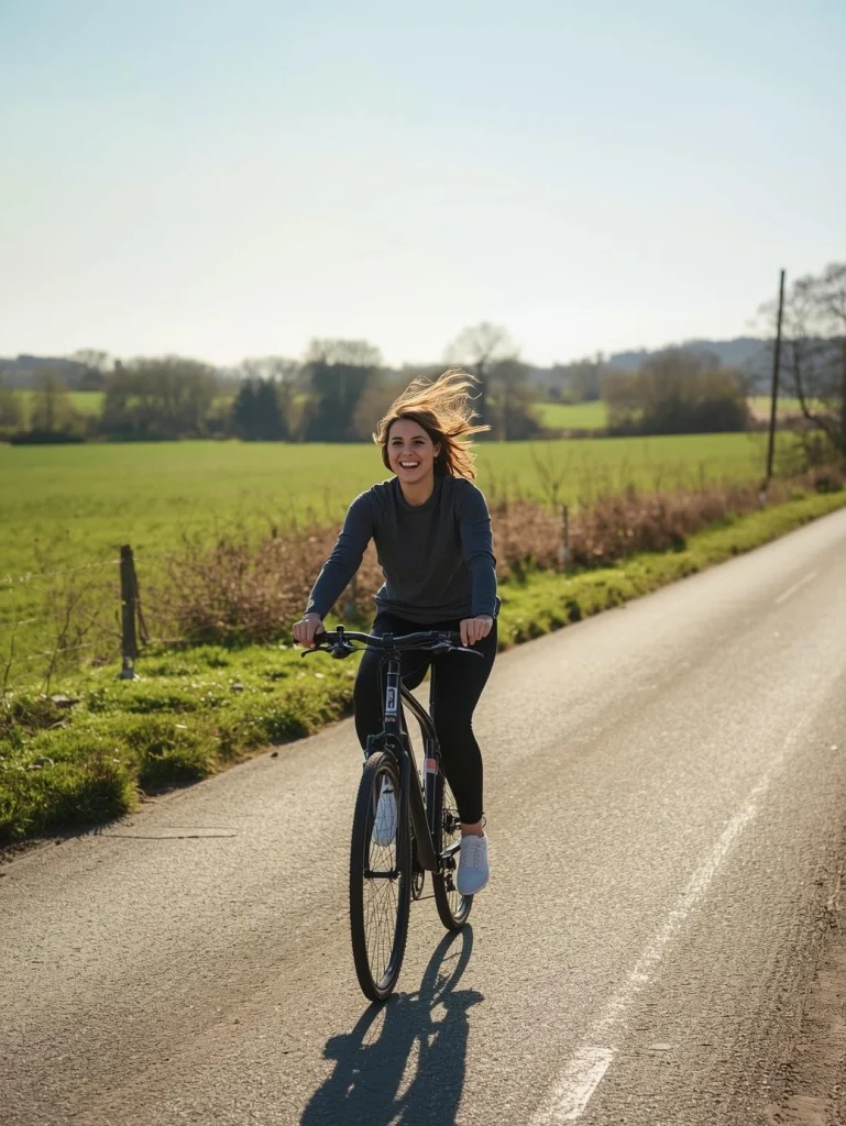 Personne faisant du vélo sur une route de campagne plate et ensoleillée, entourée de champs verdoyants au printemps