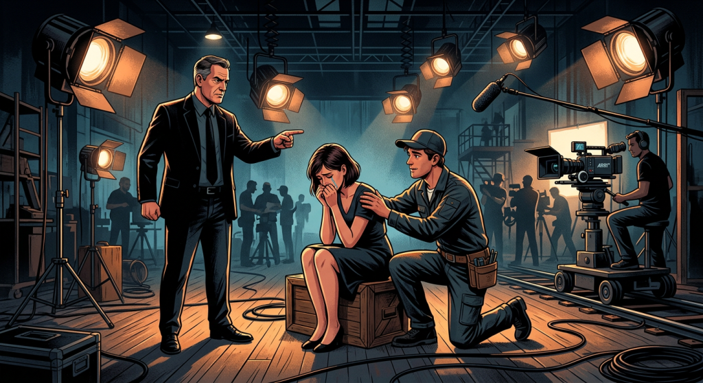 Illustration d’un plateau de cinéma avec trois personnages symboliques : un personnage autoritaire, un personnage triste et une personne qui aide les autres. Ambiance dramatique avec projecteurs, style moderne et professionnel