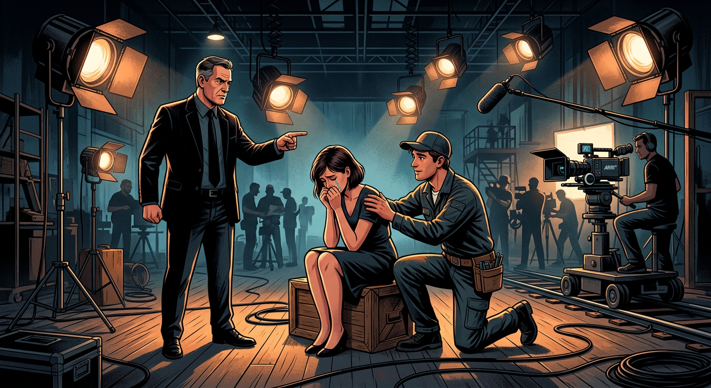 Illustration d’un plateau de cinéma avec trois personnages symboliques : un personnage autoritaire, un personnage triste et une personne qui aide les autres. Ambiance dramatique avec projecteurs, style moderne et professionnel