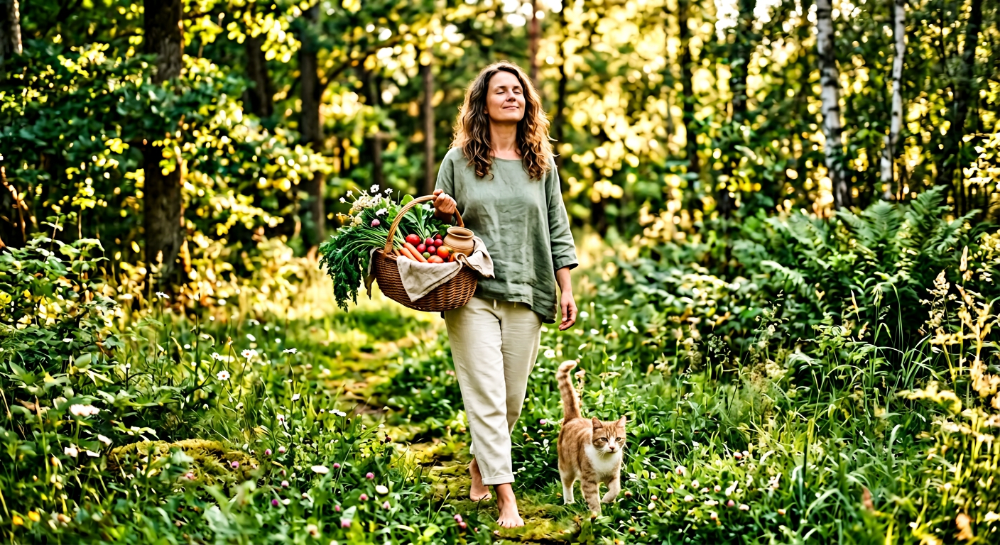 Femme revenant du marché accompagnée d'un chat marchant dans une forêt ensoleillée