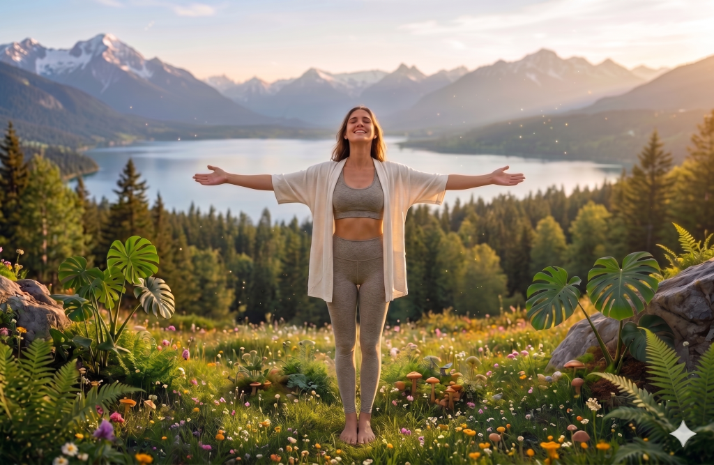 Femme debout les bras écartés dans un paysage de montagne. Elle est heureuse.