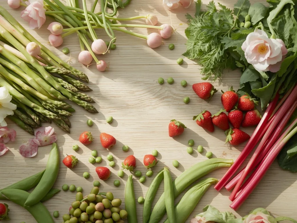 Flat lay d'asperges vertes, fraises, radis et légumes d'avril frais sur une table en bois