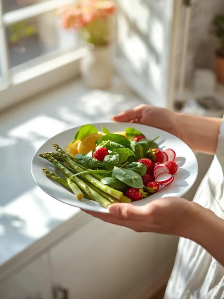Symbole de renouveau printanier avec assiette colorée de légumes frais d'avril