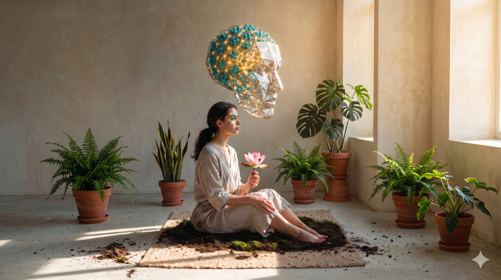 Femme assise en tailleur en train de méditer avec au dessus de sa tête un masque flottant