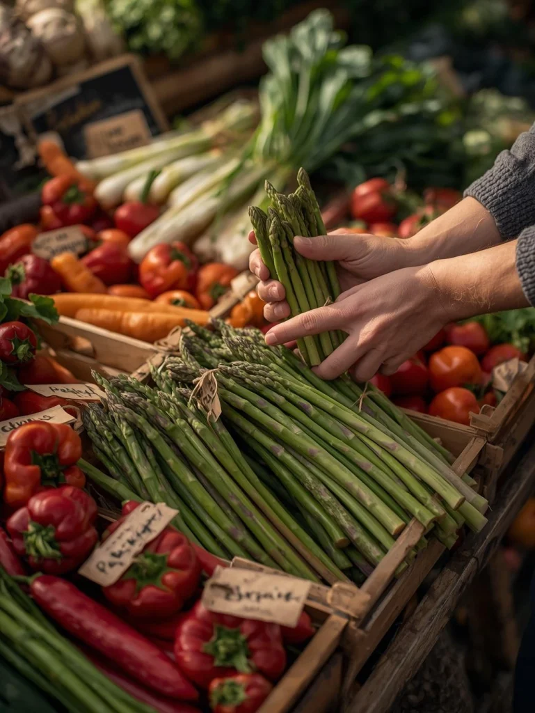 Marché fermier printanier avec produits de saison et mains de producteur local