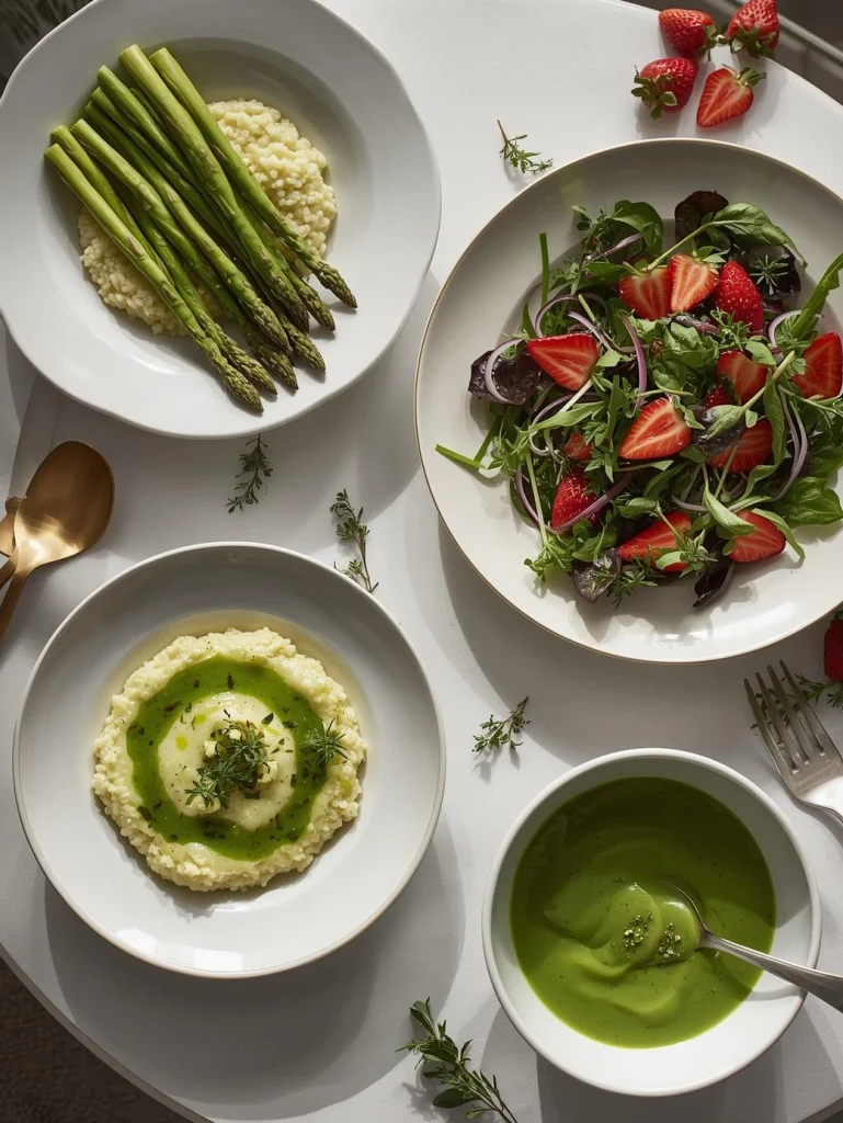Table dressée avec risotto aux asperges, salade fraîche et velouté vert printanier