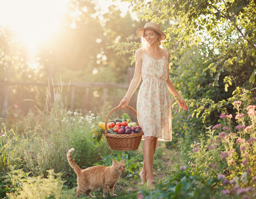 Une femme marchant dans un jardin ensoleillé avec un panier de fruits et légumes à la main accompagnée d'un chat roux