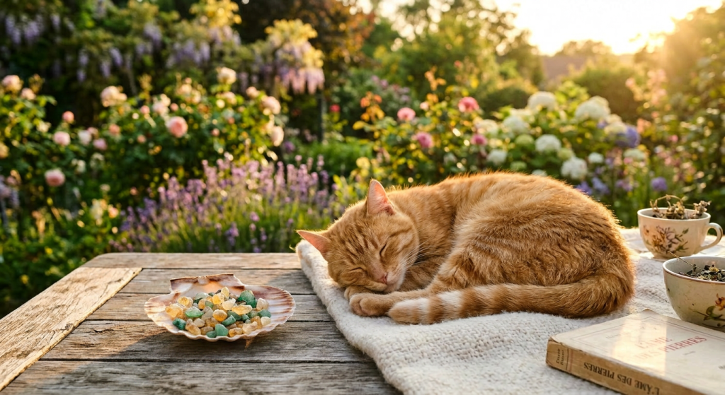 Un chat roux couché au soleil sur une table avec à côté de lui des pierres de lithothérapie de mai